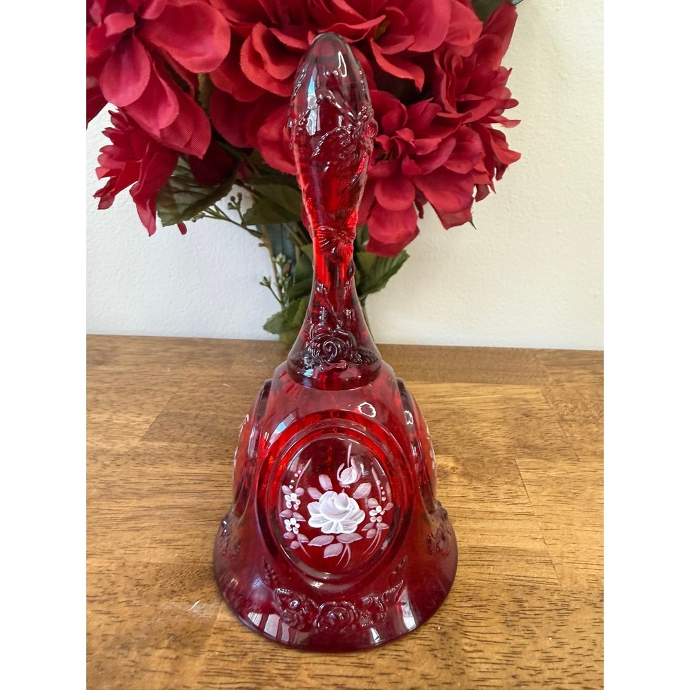Hand Painted Fenton Ruby Red Glass Bell Signed‎ B Thornton Floral Art